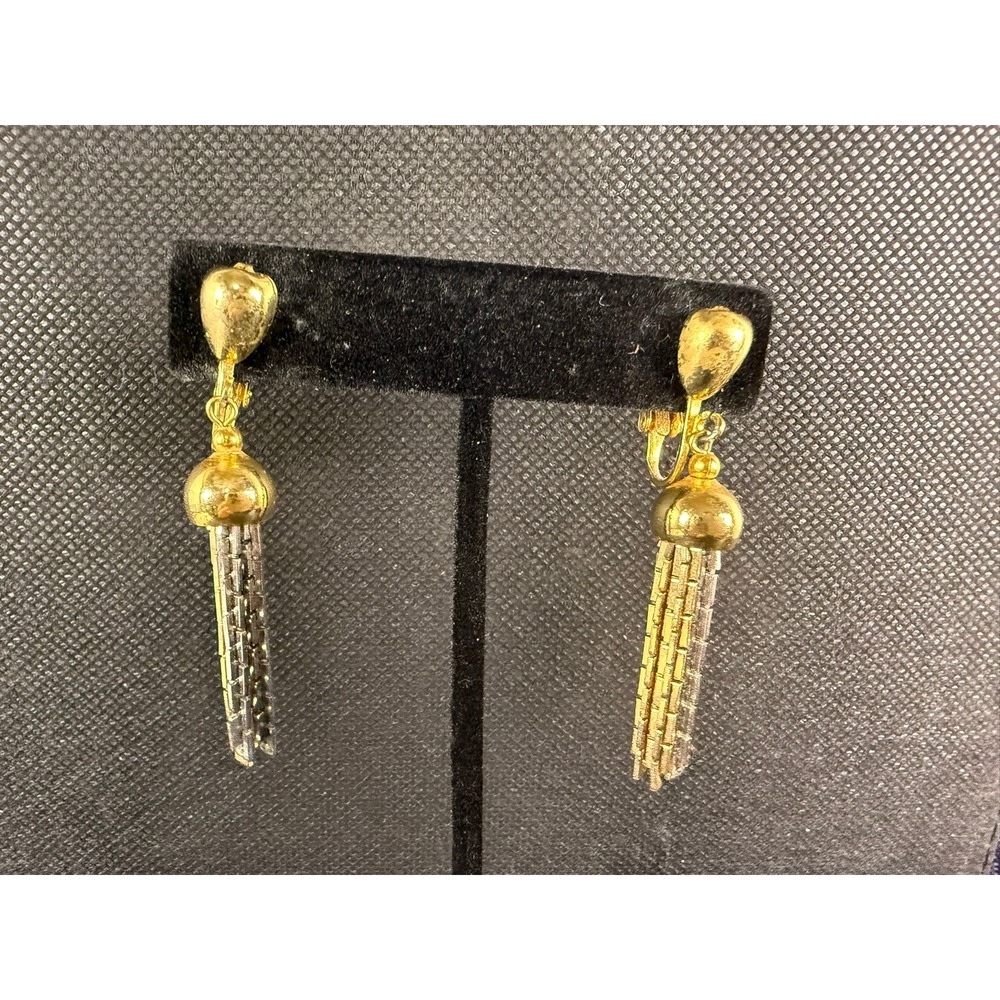 Vintage Gold & Silver Tassel Clip‑On Earrings – Mixed‑Metal Dangle Statement